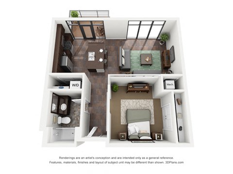 Floor plan for 1 bed, 1 bath, 701 sqft